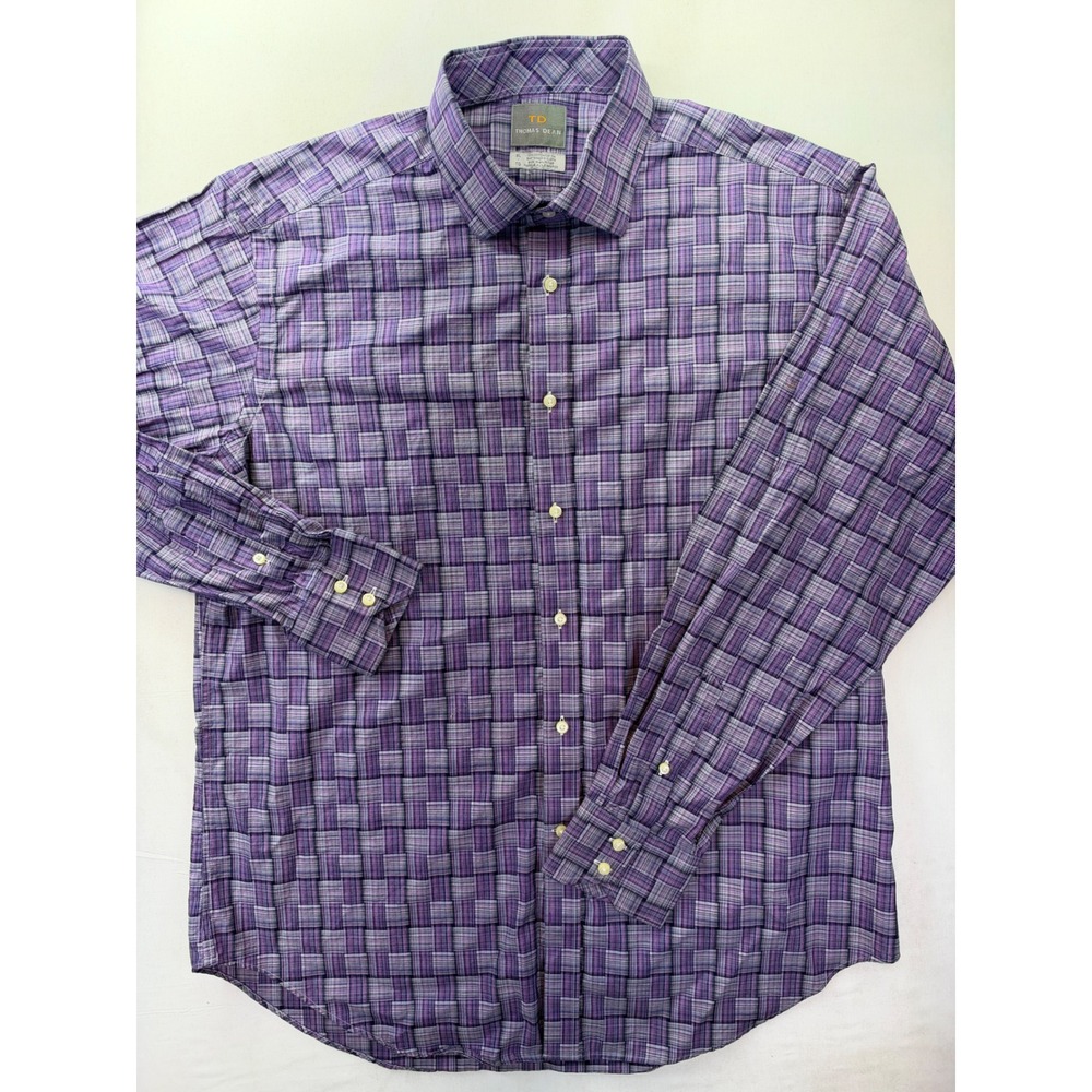 Thomas Dean Mens XL Purple Basketweave Plaid Cotton Long Sleeve Button Up Shirt
